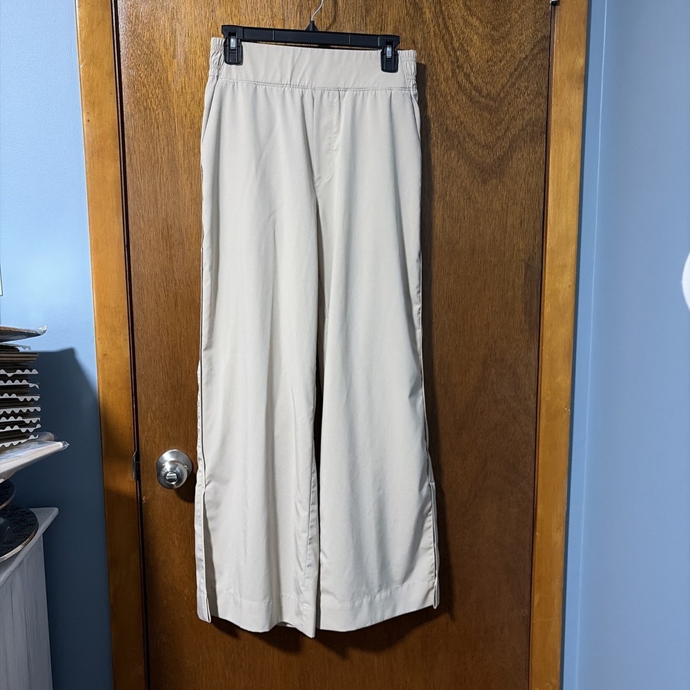 Never Not Hustling Tan Wide Leg Pants Medium Split Hem StretchTech Beige
